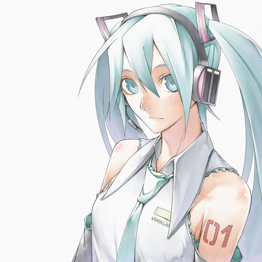 VOCALOID、初音未来 1名女孩 水色瞳 水色发 水蓝色领带 黑色袖子
