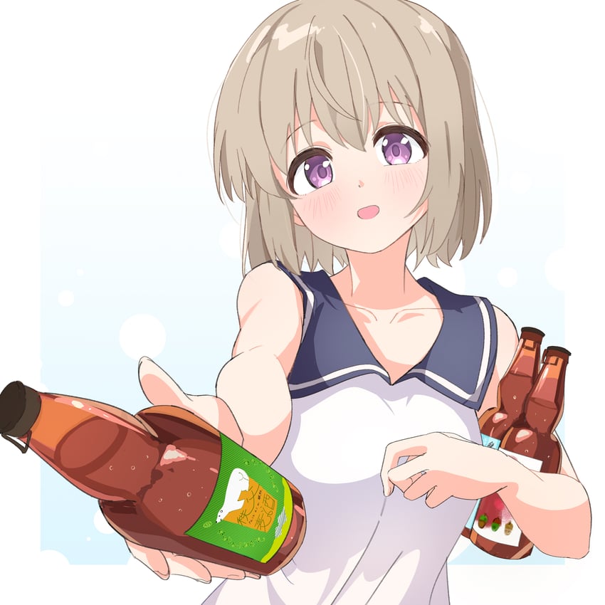 神稻牡丹：醉态如百合之花、砺波伊吹 1名女孩 裸臂 露肩 脸红 瓶子