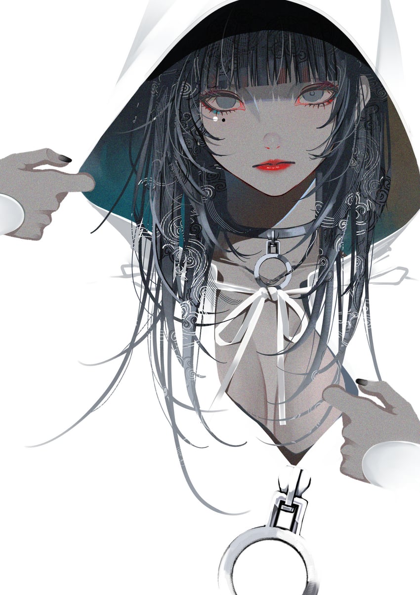 原创 1名女孩 举手 黑色项圈 黑发 黑色指甲