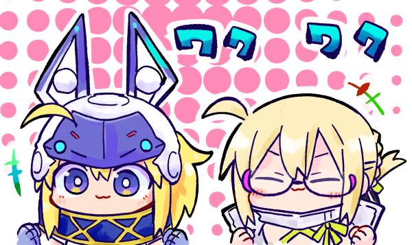 Fate/Grand Order、Fate系列、阿尔托莉雅·潘德拉贡 (Fate) +++ 2名女孩 猫脸笑 呆毛 兽耳