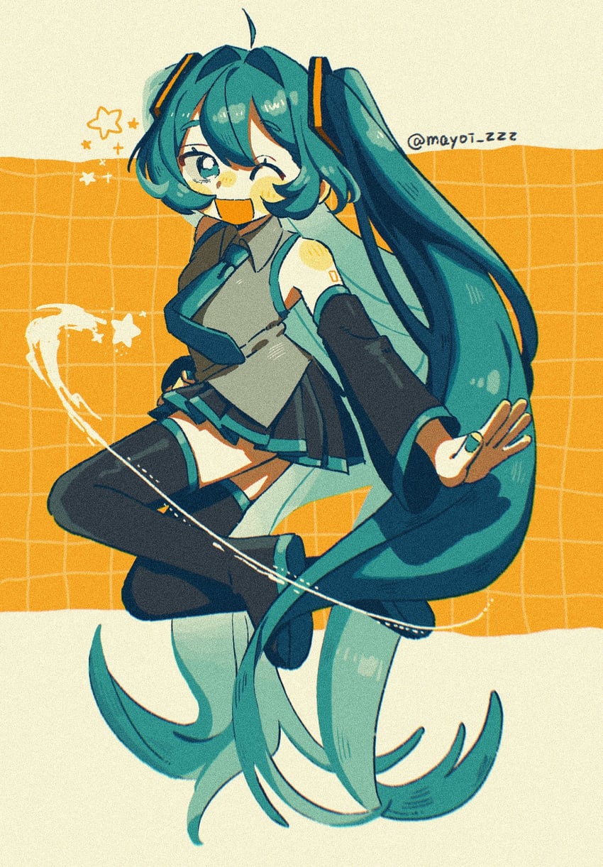VOCALOID、初音未来 1名女孩 水色发 水蓝色领带 露肩 黑色靴子