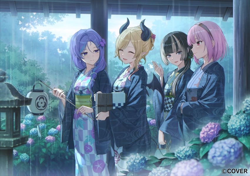 Hololive、hololive DEV_IS、Hololive英语 4个女孩 黑发 黑角 金发 蓝眼