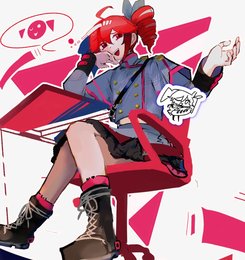 Synthesizer V、UTAU、重音Teto 1名女孩 呆毛 黑色靴子 靴子 椅子