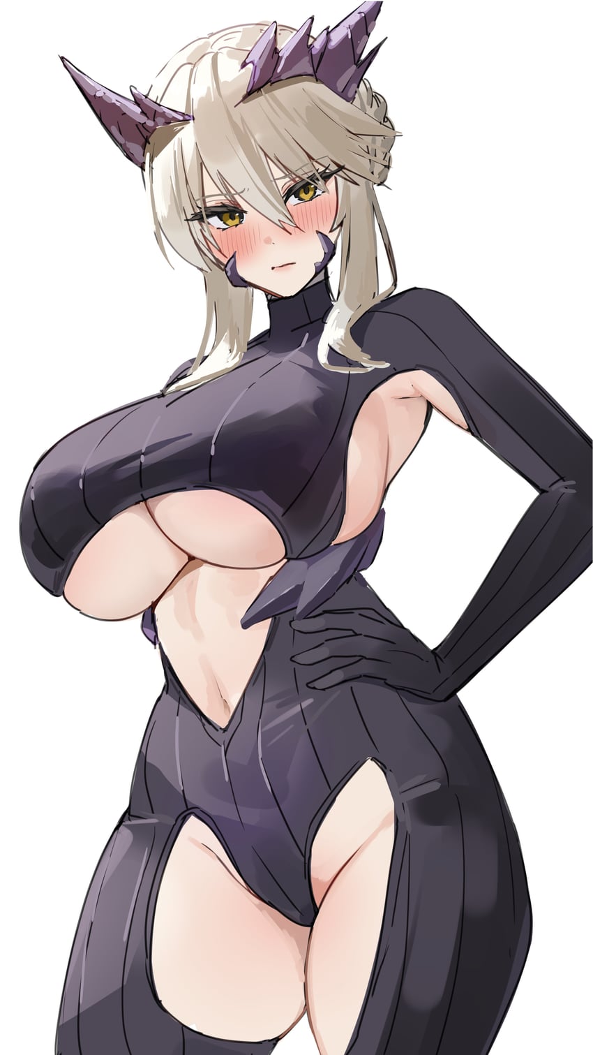 Fate/Grand Order、Fate系列、阿尔托莉雅·潘德拉贡 (Fate) 1名女孩 黑色连体衣 金发 脸红 紧身连体衣