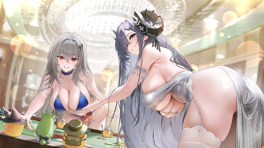碧蓝航线、奥古斯特·冯·帕塞瓦尔 (碧蓝航线)、august von parseval (night rendezvous with the unhulde) (azur lane) 2名女孩 屁股 比基尼 黑角 蓝色比基尼