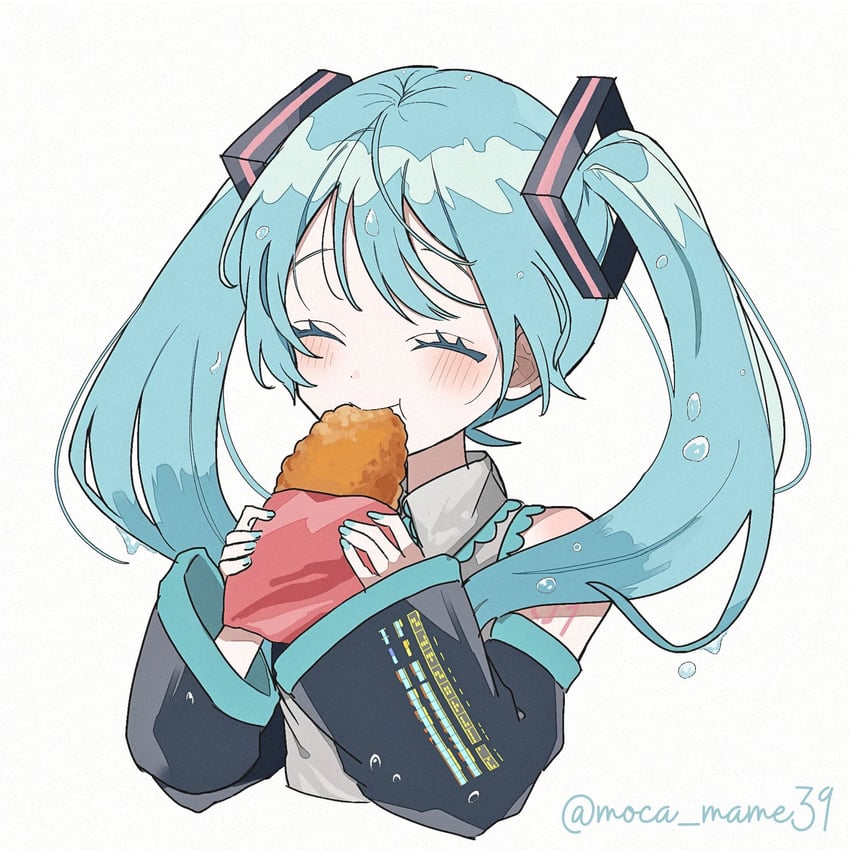 VOCALOID、初音未来 1名女孩 黑色袖子 蓝发 脸红 闭眼