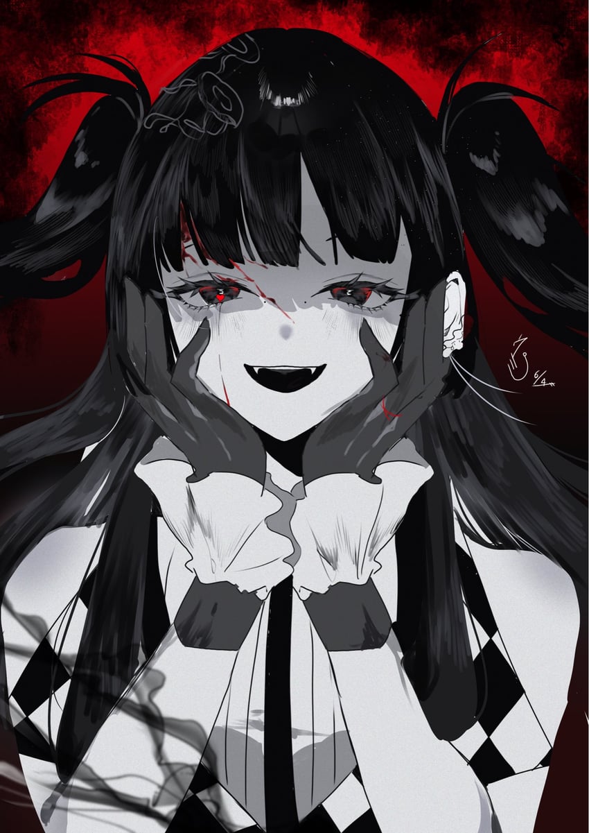 魔弹之王、fujimine (madan no ichi) 1名女孩 黑色手套 黑发 格纹衣服 尖牙