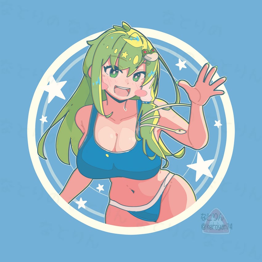 东方Project、东风谷早苗 蓝色背景 乳房 乳沟 锁骨 绿发