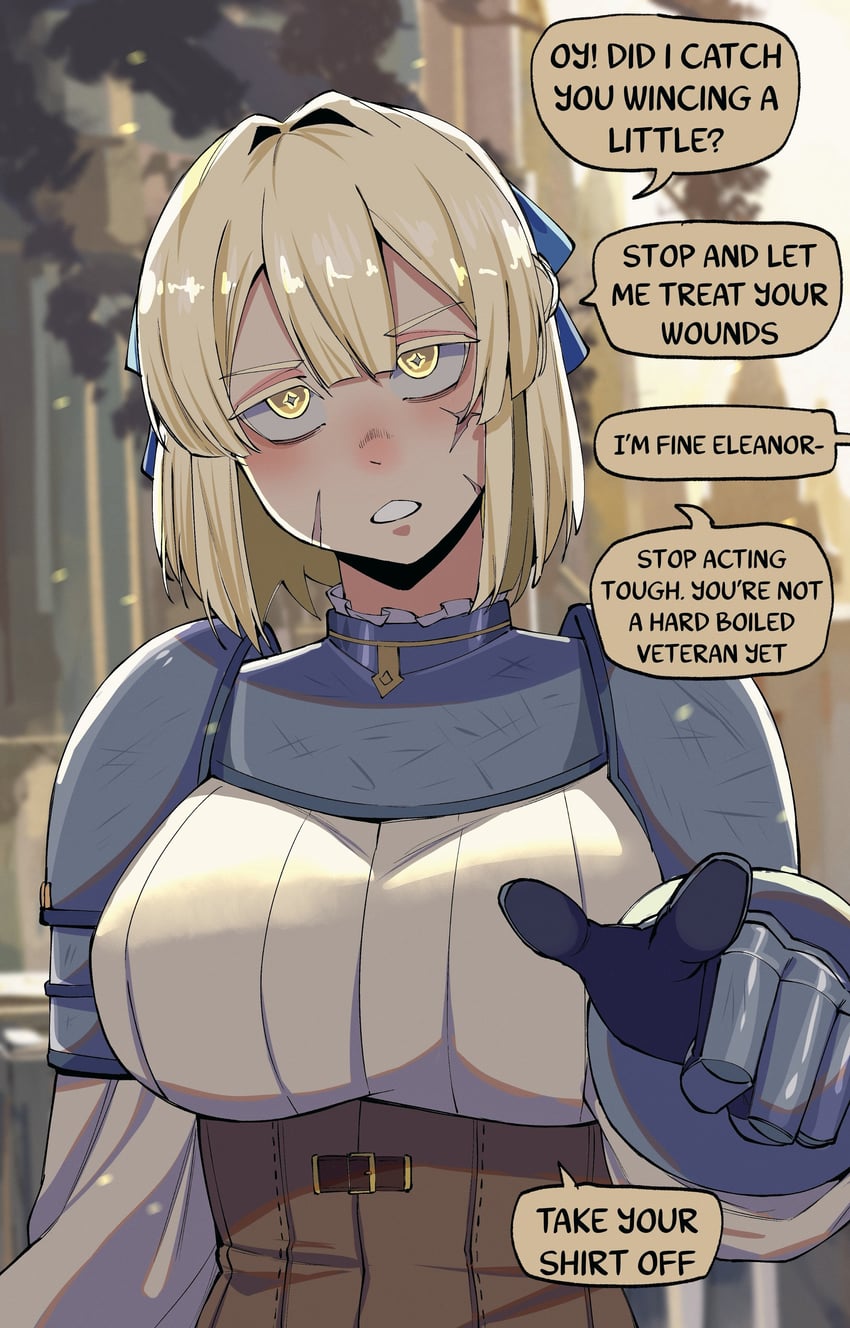 eleanor castus (basedbinkie) 1名女孩 铠甲 长椅 金发 蓝色蝴蝶结