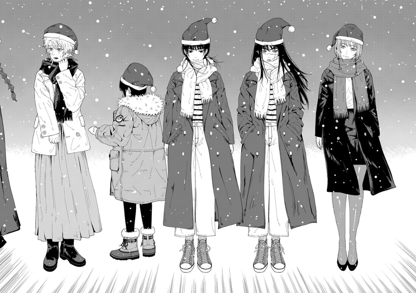 电锯人、死亡恶魔（电锯人）、饥饿之恶魔 (电锯人) 6个以上女孩 手放在身体两侧 黑色大衣 黑发 黑色连裤袜