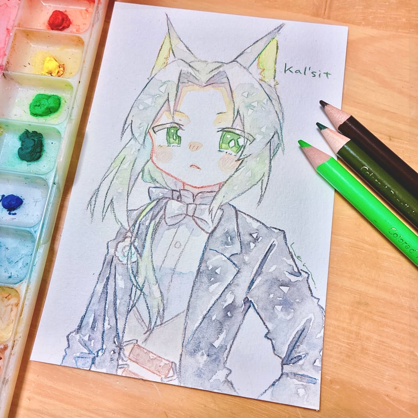 明日方舟、凯尔希 (明日方舟)、凯尔希 (礼服) (明日方舟) 1名女孩 兽耳 画面内含画具 黑色夹克 蝴蝶结