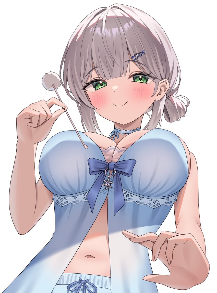 Hololive、白银诺艾尔、白银诺艾尔 (睡衣) 1名女孩 娃娃装睡衣 蓝色睡裙 蓝色项圈 蓝色短裤