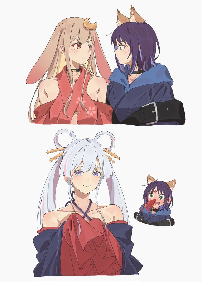 超辉夜姬!、辉夜 (超辉夜姬!)、留奈美八千代 3人女子 兽耳 兴奋流鼻血 黑色项圈 金发