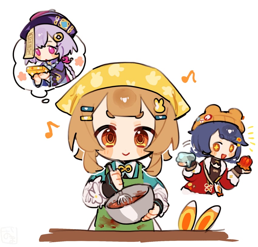 原神、七七 (原神)、香菱 (原神) +_+ 2名女孩 :D 动物帽子 围裙