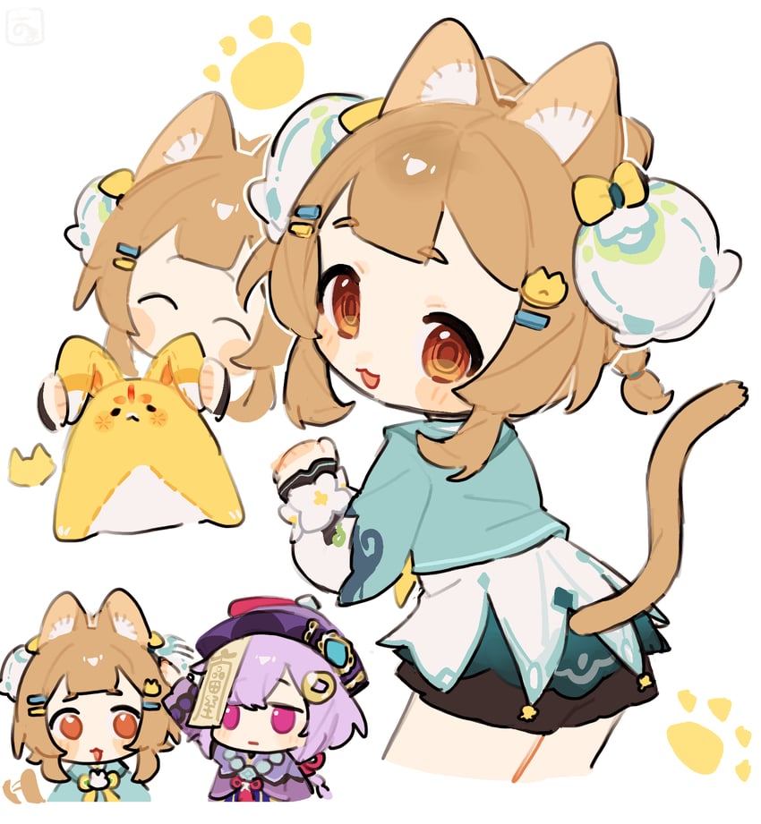 原神、七七 (原神)、瑶瑶 (原神) 2名女孩 猫脸笑 :D 兽耳毛 兽耳