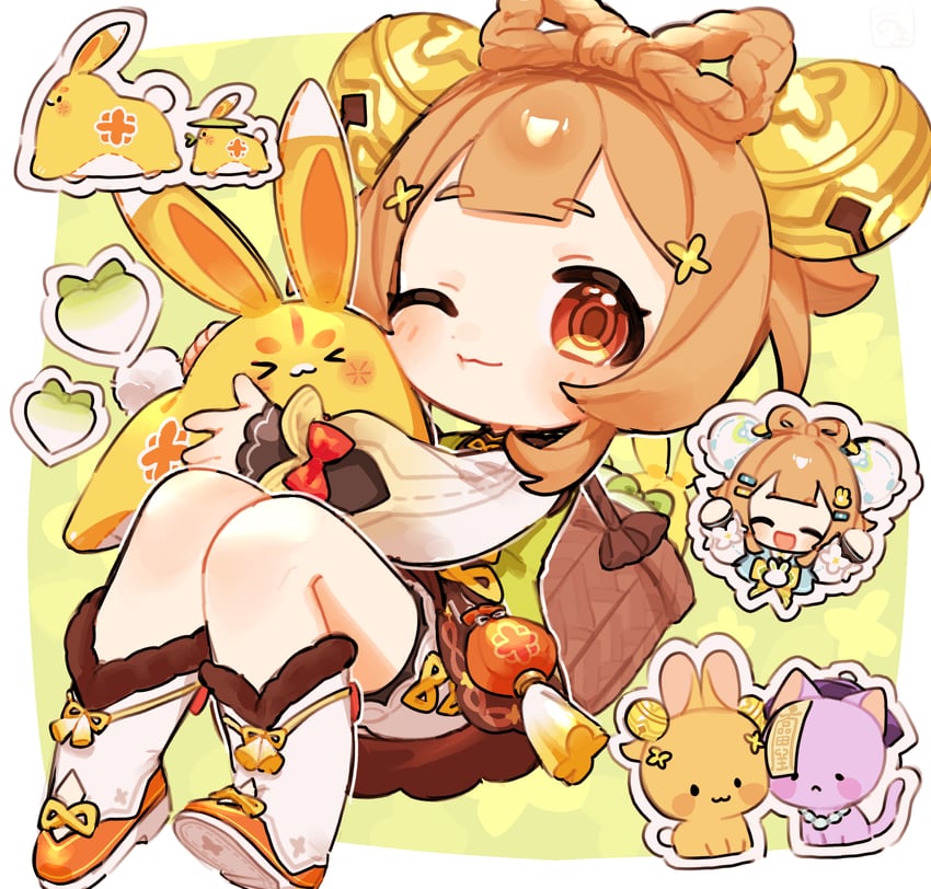 原神、七七 (原神)、瑶瑶 (原神) 1名女孩 猫脸笑 :D ;3 微笑