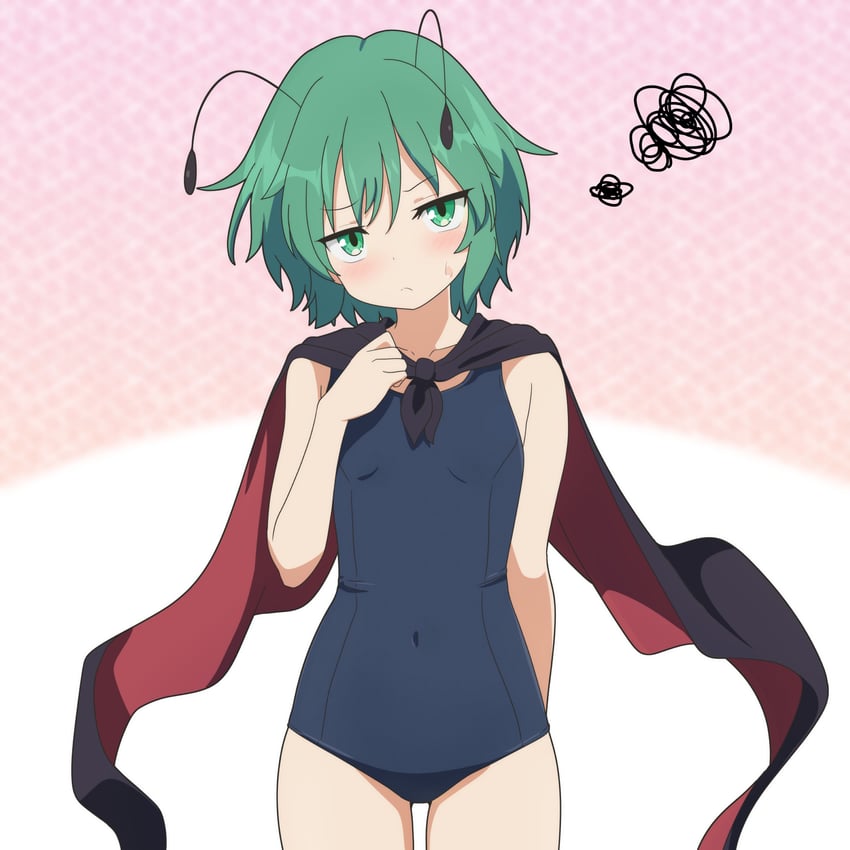 东方Project、莉格露·奈特巴格 1名女孩 替换服装 触角 黑色披肩 蓝色连体泳衣