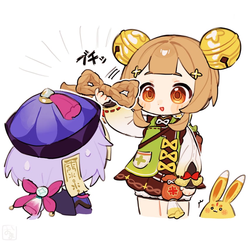 原神、七七 (原神)、瑶瑶 (原神) 2名女孩 :D 举手 背篓 / 篮筐背包 包