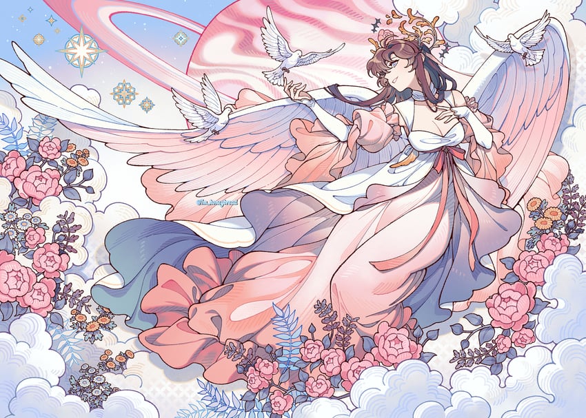 原创 1名女孩 鸟 蓝眼 乳房 棕发