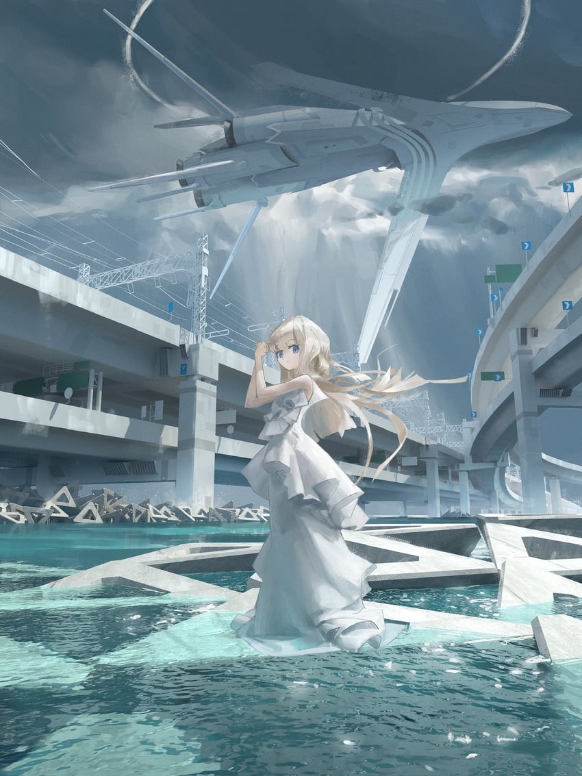 原创 1名女孩 3D背景 举起双手 金发 蓝眼