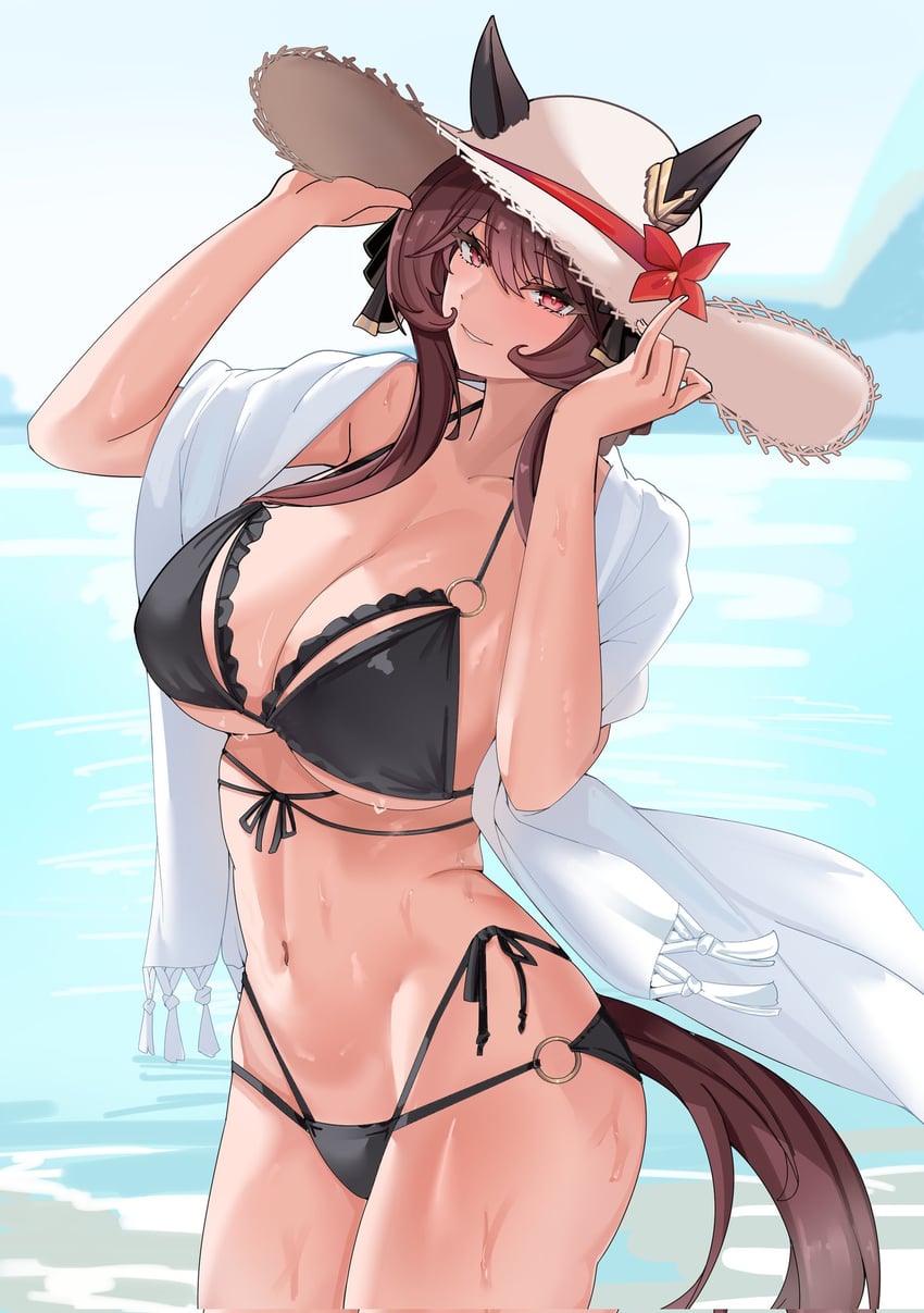 赛马娘、贵妇人(赛马娘) 1名女孩 兽耳 海滩 比基尼 黑色比基尼