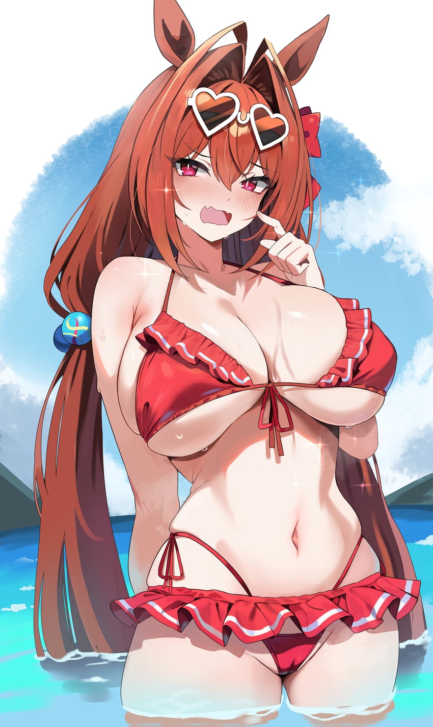 赛马娘、大和赤骥 (迷你假期) (赛马娘)、大和赤骥 (赛马娘) 1名女孩 兽耳 露肩 比基尼 比基尼裙