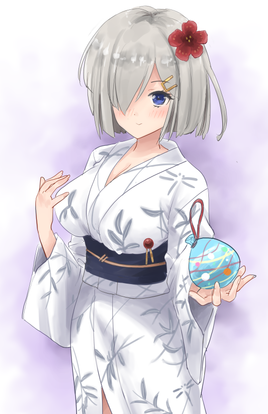 舰队Collection、滨风 (舰队Collection)、滨风 (浴衣) (舰队收藏) 1名女孩 蓝眼 波波头 乳房 花