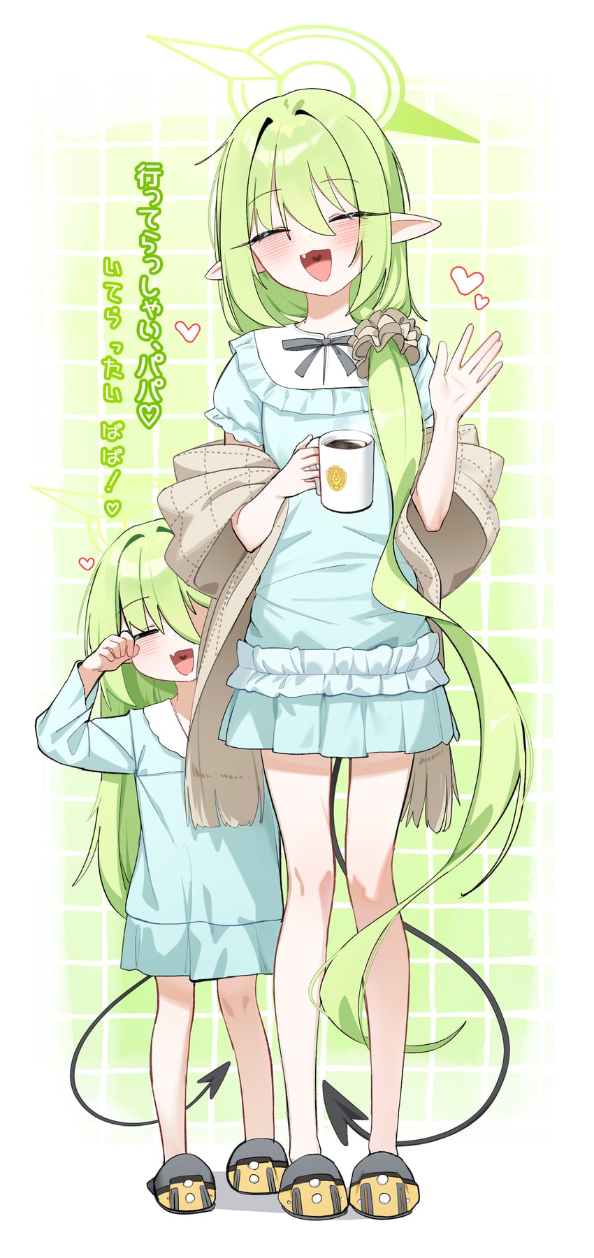 蔚蓝档案、望 (蔚蓝档案) 2名女孩 蓝色连衣裙 闭眼 杯子 恶魔尾巴