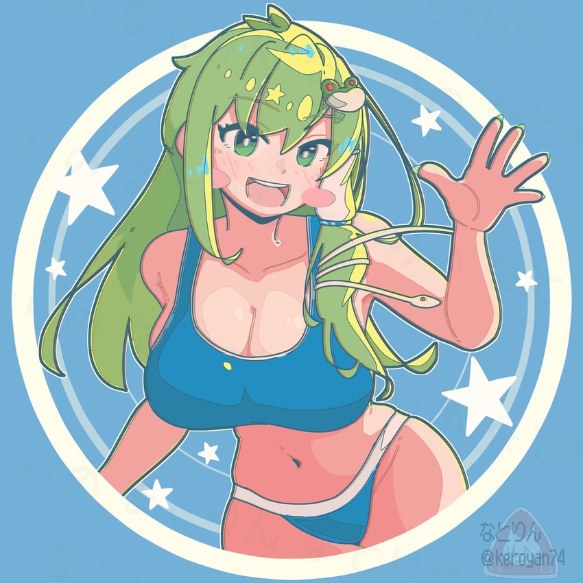 东方Project、东风谷早苗 1名女孩 蓝色背景 蓝色胸罩 胸罩 乳房