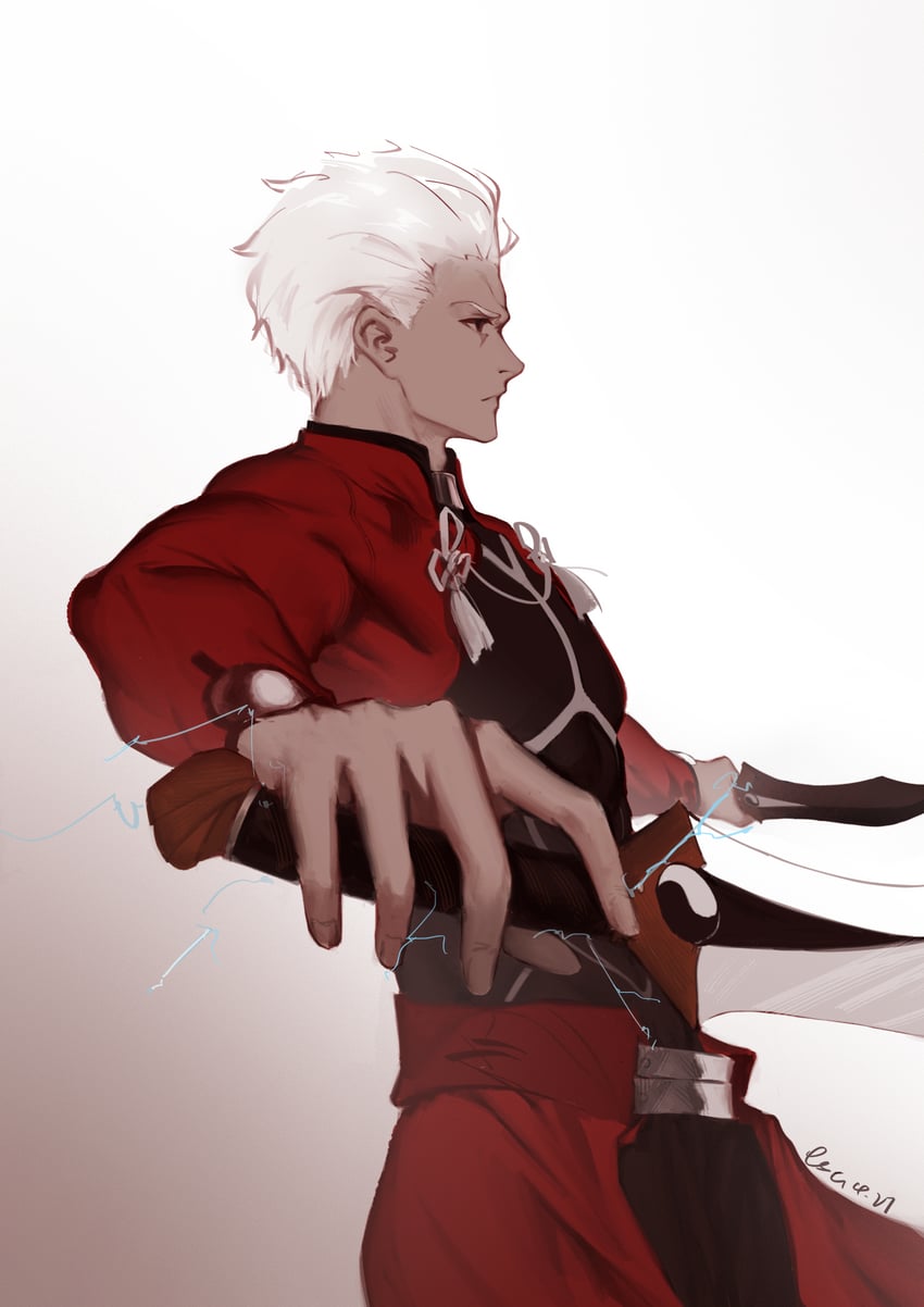 Fate/stay night、Fate系列、Archer (Fate) 1名男孩 黑色连体衣 紧身连体衣 蝴蝶结 深色皮肤男性