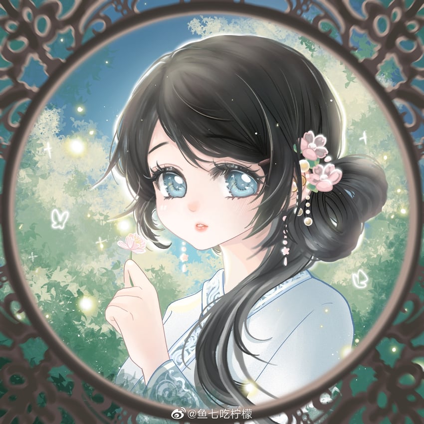 暖暖系列、闪耀暖暖、lingering fragrance (shining nikki) 1名女孩 珠子 黑发 蓝眼 蓝色汉服