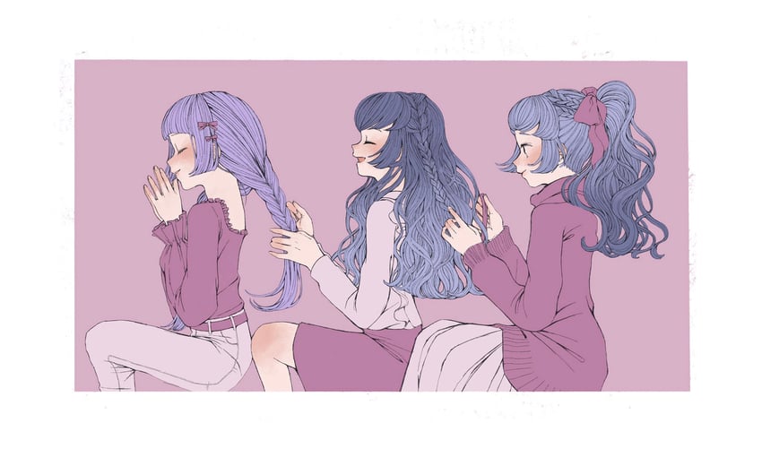 偶像活动、偶像活动、偶像活动Friends! 3人女子 帮他人整理头发 腰带 蓝发 为他人编发