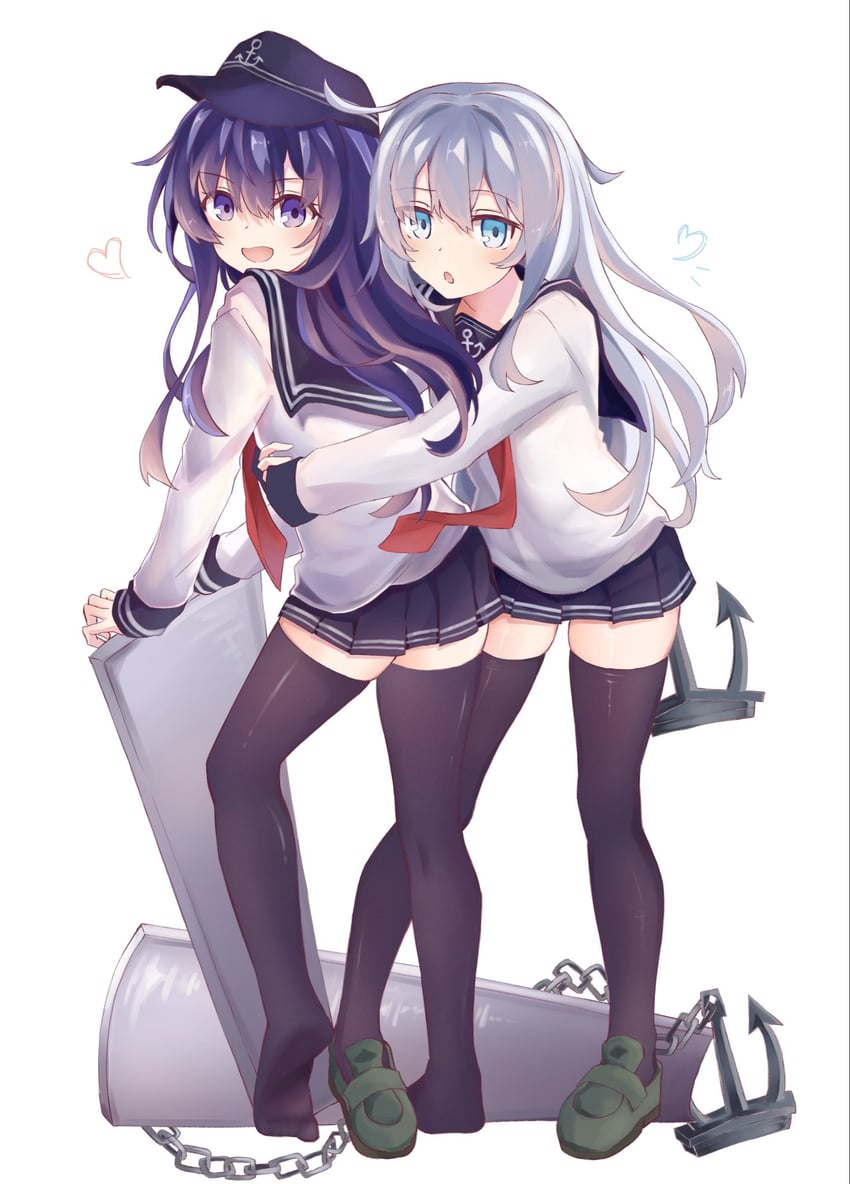 舰队Collection、晓 (舰队Collection)、响 2名女孩 锚 黑发 黑帽子 黑色水手领