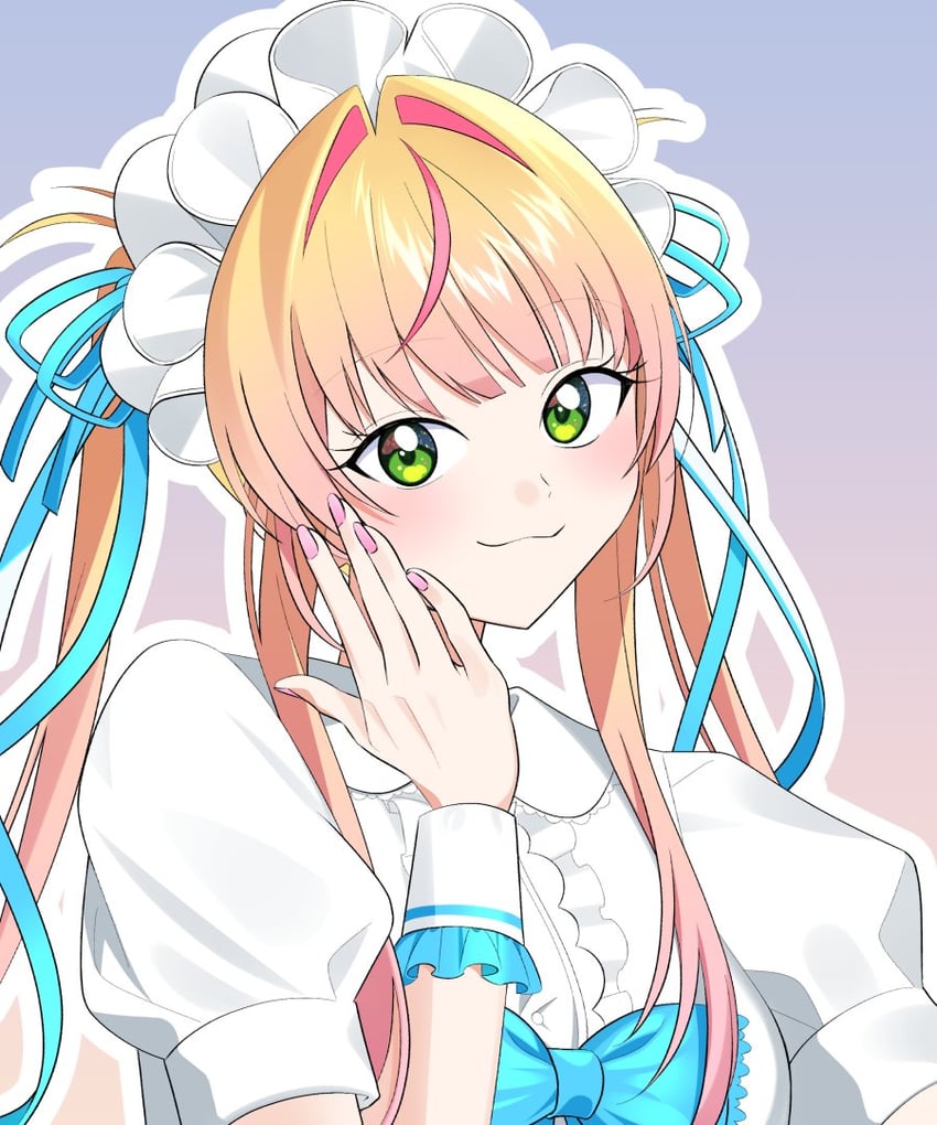 Hololive、桃铃音音、桃铃音音 (女仆) 1名女孩 猫脸笑 金发 蓝色蝴蝶结 蓝色丝带