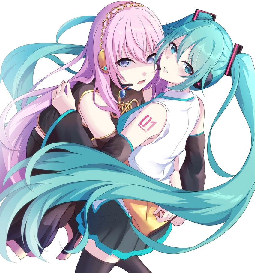 VOCALOID、初音未来、巡音流歌 2名女孩 水色瞳 水色发 水蓝色指甲 水蓝色领带