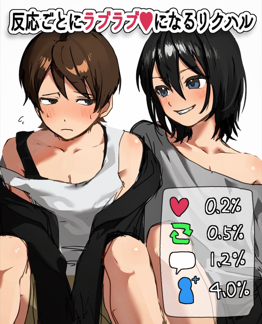 原创、三好陆 (M1 Tsuru)、mizuno you (m1 tsuru) 2个男孩 黑发 黑色短裤 蓝眼 脸红
