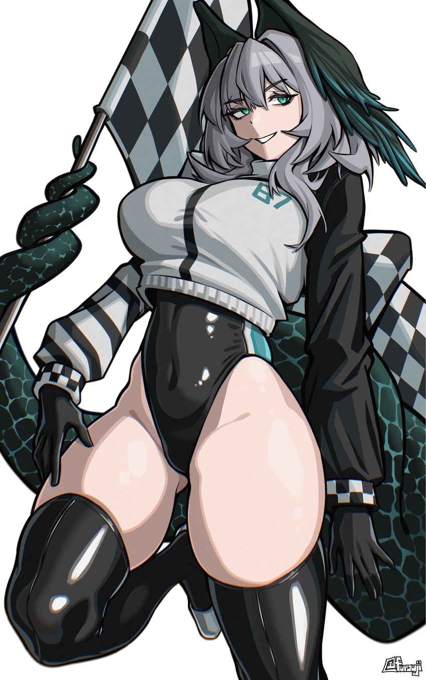 明日方舟、霍尔海雅 (明日方舟) 1名女孩 黑色紧身连体衣 黑色过膝袜 方格旗 旗帜