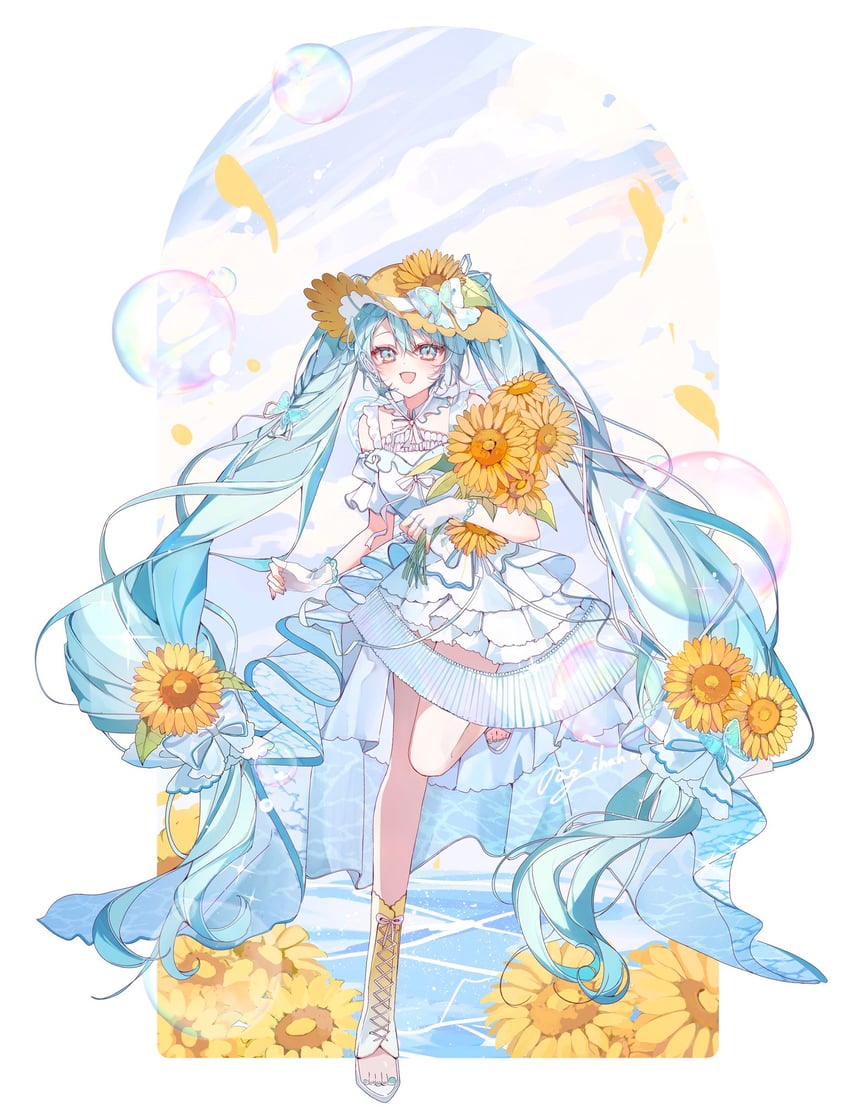 魔法未来(Vocaloid)、VOCALOID、初音未来 1名女孩 水色瞳 水色发 水蓝色指甲 露肩