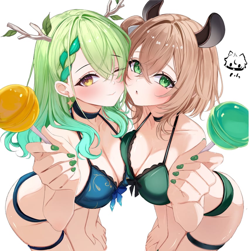 Hololive、Hololive英语、个人势虚拟主播 2名女孩 ;) 兽耳 鹿角 非对称对接