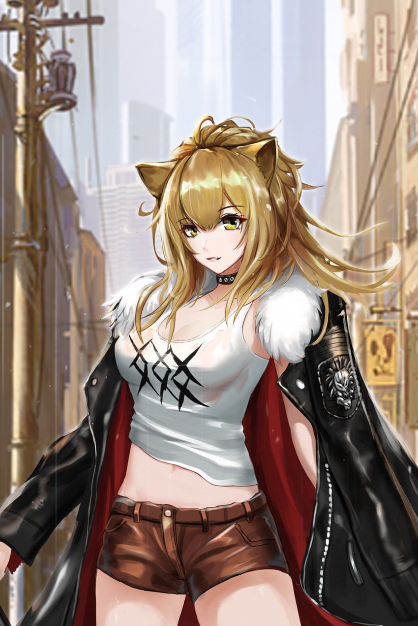 明日方舟、推进之王 (明日方舟) 1名女孩 兽耳 黑色项圈 黑色夹克 金发