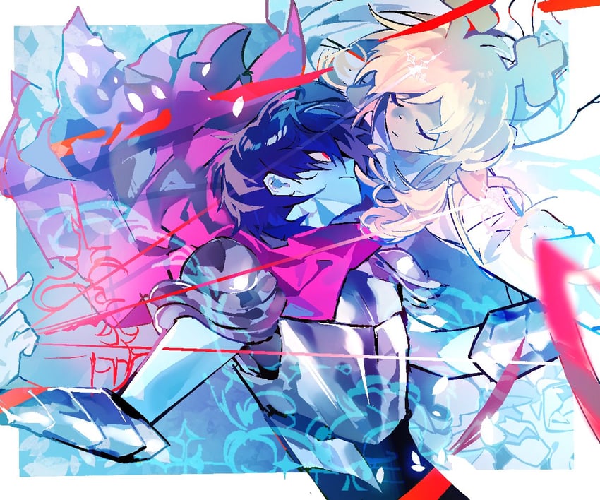 三角符文、Undertale/Deltarune、Kris (黑暗世界) (Deltarune) 1名女孩 1个其他角色 鹿角 铠甲 金发