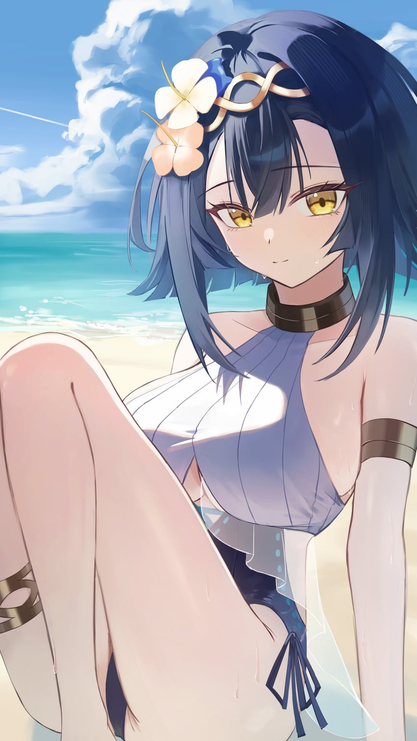 史黛拉·索拉、amber (ease into an unhurried summer) (stella sora)、琥珀 (Stella Sora) 1名女孩 臂章 双手背在身后 黑发 黑色连体泳衣