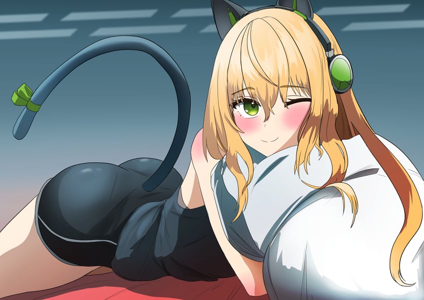 少女前线、少女前线2：追放、哈普西 (少女前线2) 兽耳耳机 兽耳 金发 脸红 猫耳耳机