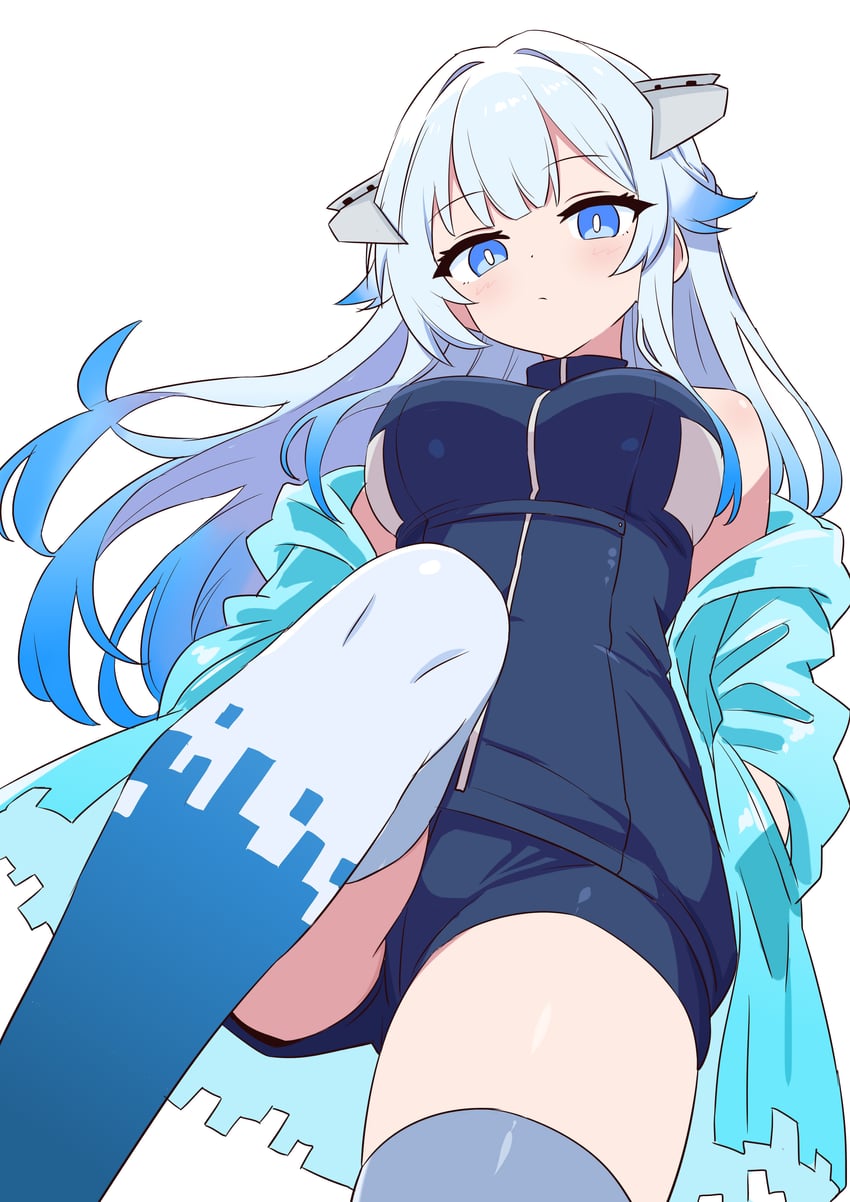 原创、Su-57 (拟人化) 1名女孩 蓝眼 蓝发 蓝色夹克 脸红