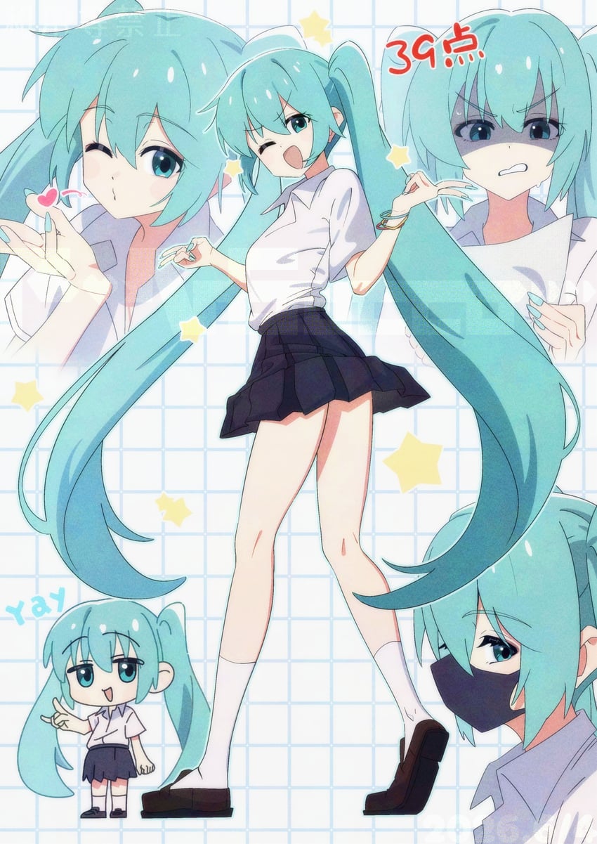 VOCALOID、初音未来 1名女孩 N字腿 生气 水色瞳 水色发