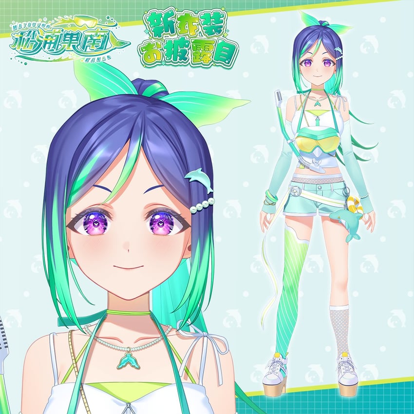 Love Live!、Love Live! Sunshine!!、松浦果南 1名女孩 蓝发 角色名称 海豚 英文文本