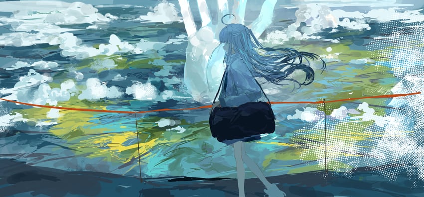 原创 1名女孩 呆毛 水色瞳 包 云