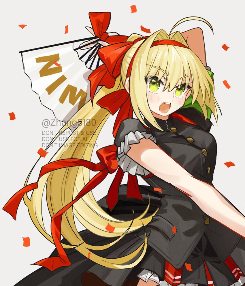 Fate系列、尼禄·克劳狄乌斯 (Fate) 1名女孩 呆毛 手放在头后 举手 黑衬衫