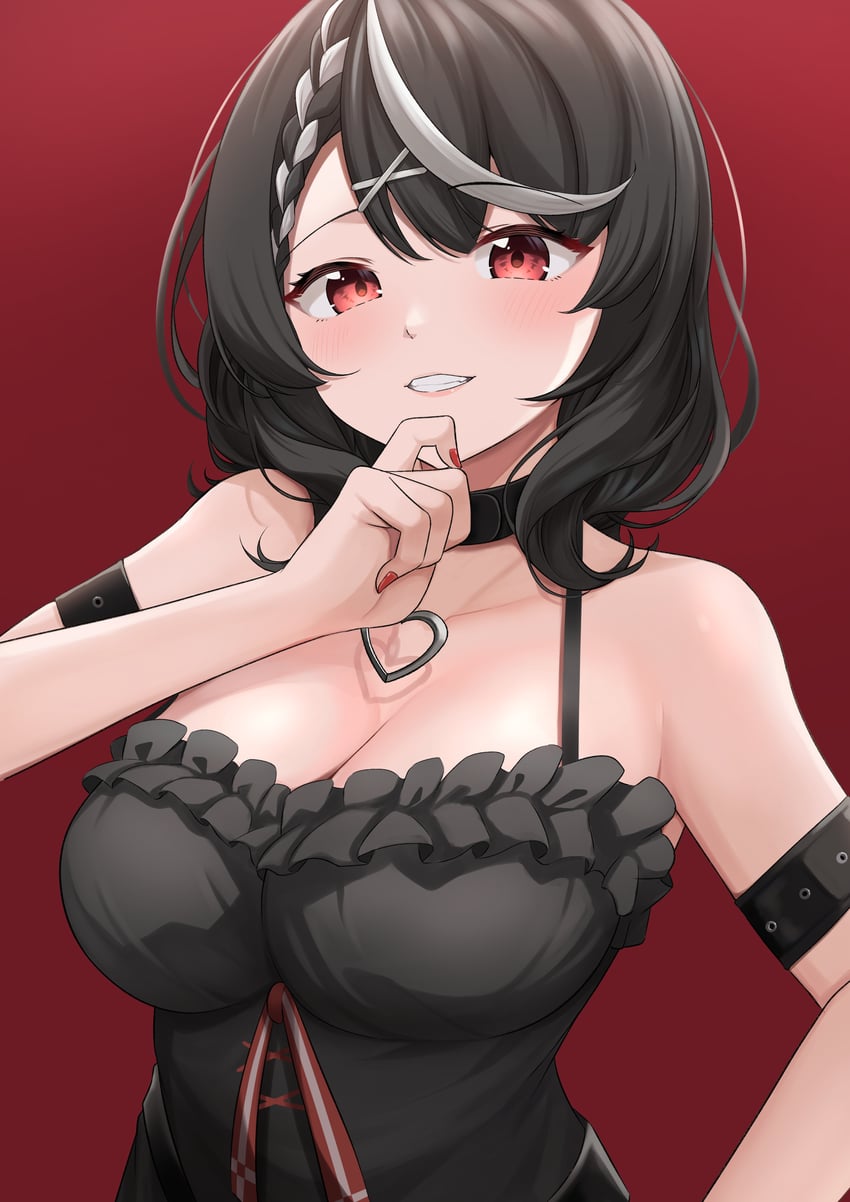 Hololive、沙花叉克萝耶 1名女孩 异色发 露肩 黑吊带背心 黑领