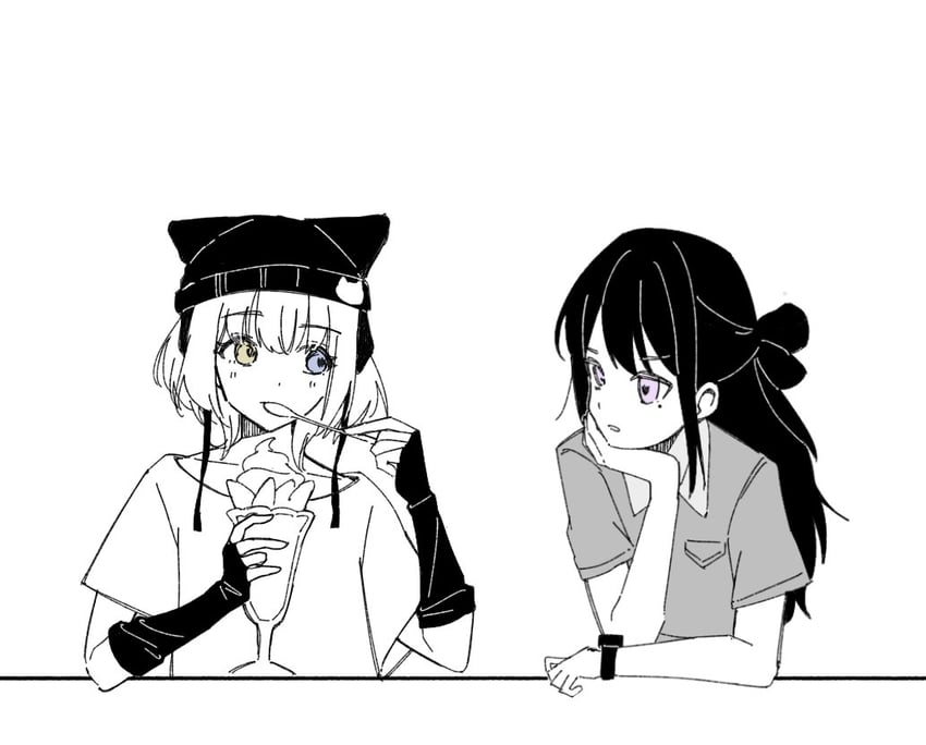 BanG Dream!、Bang Dream! It's MyGO!!!!!、要乐奈 2名女孩 兽耳头饰 蓝眼 脸红 露肩袖